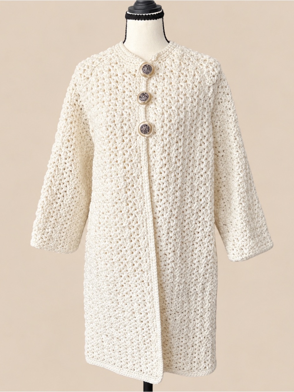 Hand-Knit Crochet Off White Lined Mid Length Coatigan M